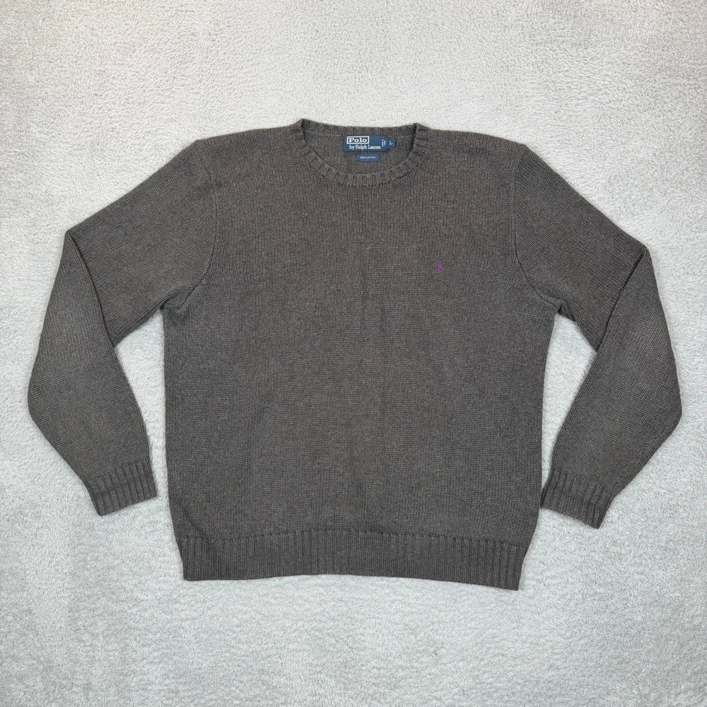 Vintage Polo Ralph Lauren Mens Gray Cotton Crewneck Sweater Purple Pony Logo L